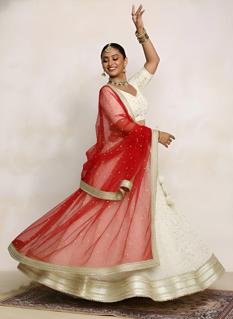 Mahroo x Tyohaar | Cream Embroidered Tissue FlareFit™ Lehenga Set with Red Dupatta-Binks