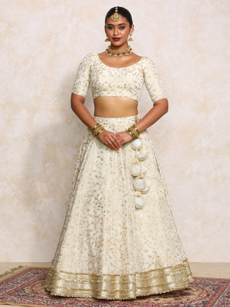 Mahroo x Tyohaar Lehenga Set, in Cream Embroidered Viscose Tissue, featuring elbow sleeves and scoop neckline (view 9).
