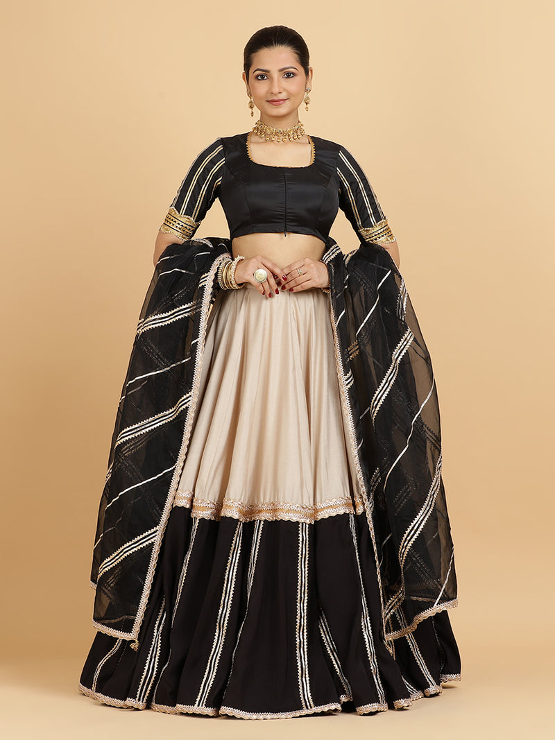 Mastani Aziza 4-Pc Lehenga Set x Tyohaar | Grey Black Colour Blocked Lehenga, Charcoal Black Blouse with Chandni Black Dupatta and Cancan Skirt-Binks