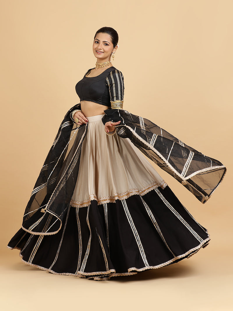 Mastani Aziza 4-Pc Lehenga Set x Tyohaar | Grey Black Colour Blocked Lehenga, Charcoal Black Blouse with Chandni Black Dupatta and Cancan Skirt-Binks