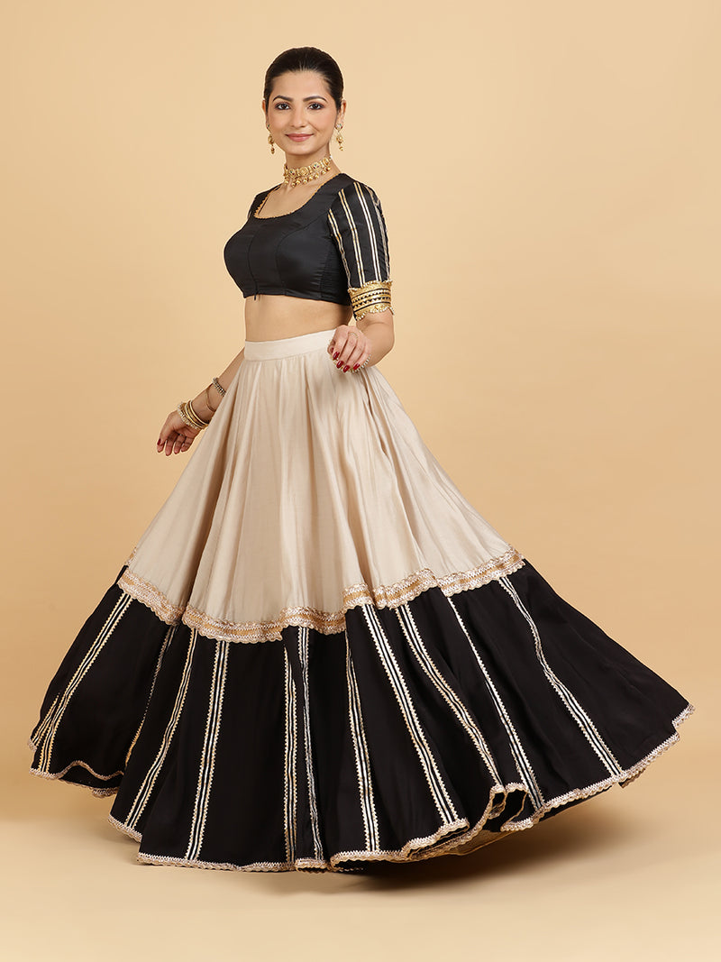 Mastani Aziza 4-Pc Lehenga Set x Tyohaar | Grey Black Colour Blocked Lehenga, Charcoal Black Blouse with Chandni Black Dupatta and Cancan Skirt-Binks