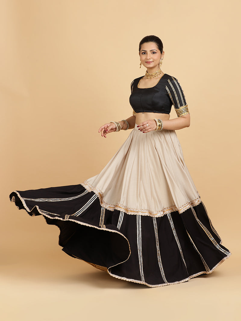 Mastani Aziza 4-Pc Lehenga Set x Tyohaar | Grey Black Colour Blocked Lehenga, Charcoal Black Blouse with Chandni Black Dupatta and Cancan Skirt-Binks