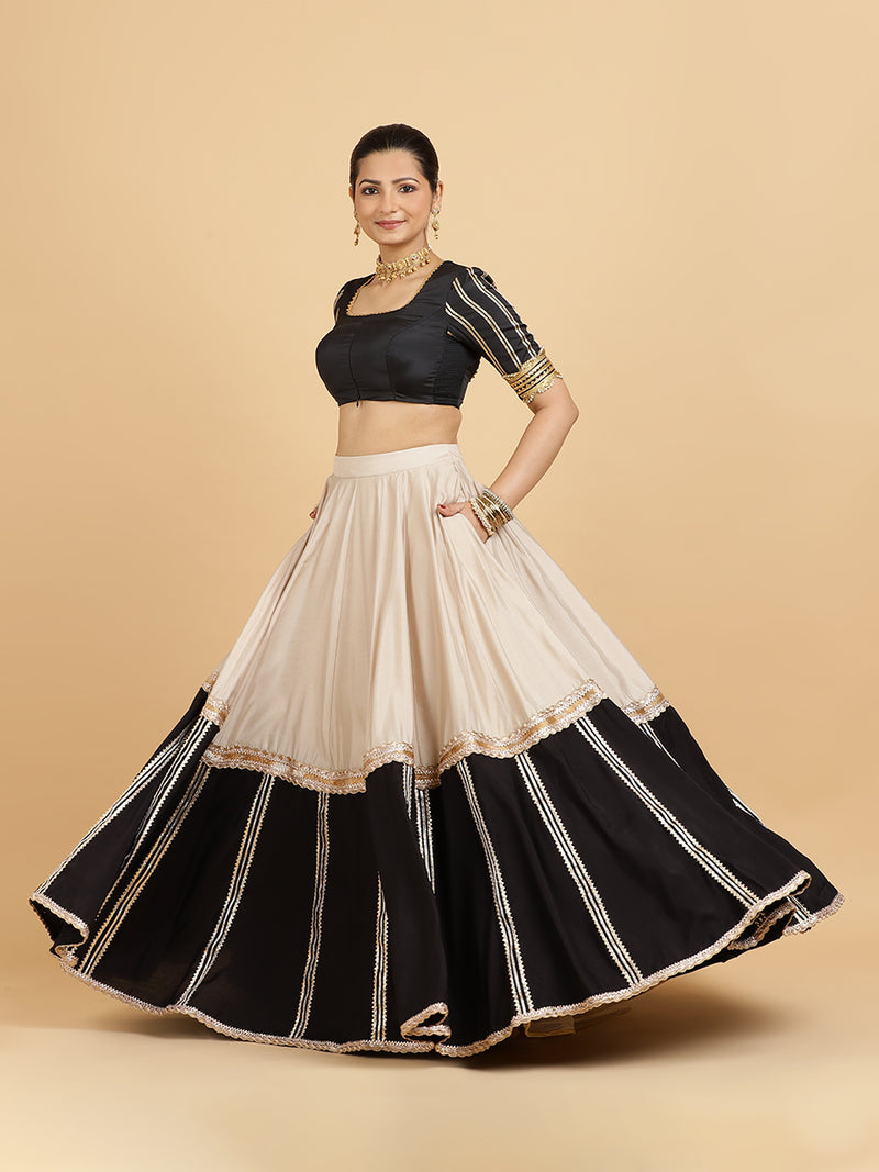 Mastani Aziza 4-Pc Lehenga Set x Tyohaar | Grey Black Colour Blocked Lehenga, Charcoal Black Blouse with Chandni Black Dupatta and Cancan Skirt-Binks