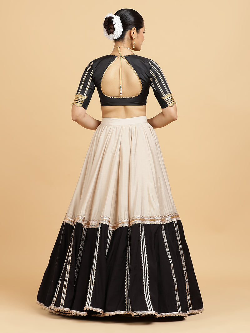 Mastani Aziza 4-Pc Lehenga Set x Tyohaar | Grey Black Colour Blocked Lehenga, Charcoal Black Blouse with Chandni Black Dupatta and Cancan Skirt-Binks