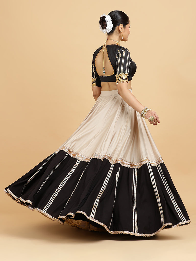 Mastani Aziza 4-Pc Lehenga Set x Tyohaar | Grey Black Colour Blocked Lehenga, Charcoal Black Blouse with Chandni Black Dupatta and Cancan Skirt-Binks