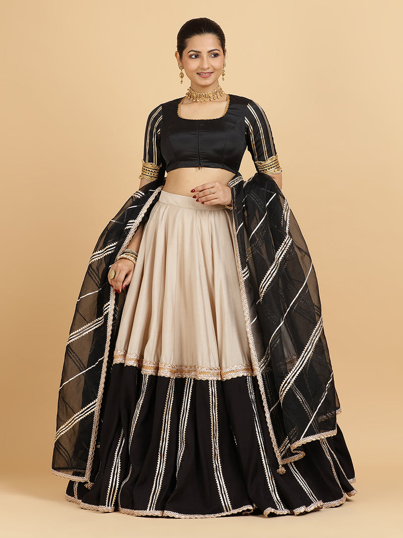 Mastani Aziza 4-Pc Lehenga Set x Tyohaar | Grey Black Colour Blocked Lehenga, Charcoal Black Blouse with Chandni Black Dupatta and Cancan Skirt-Binks