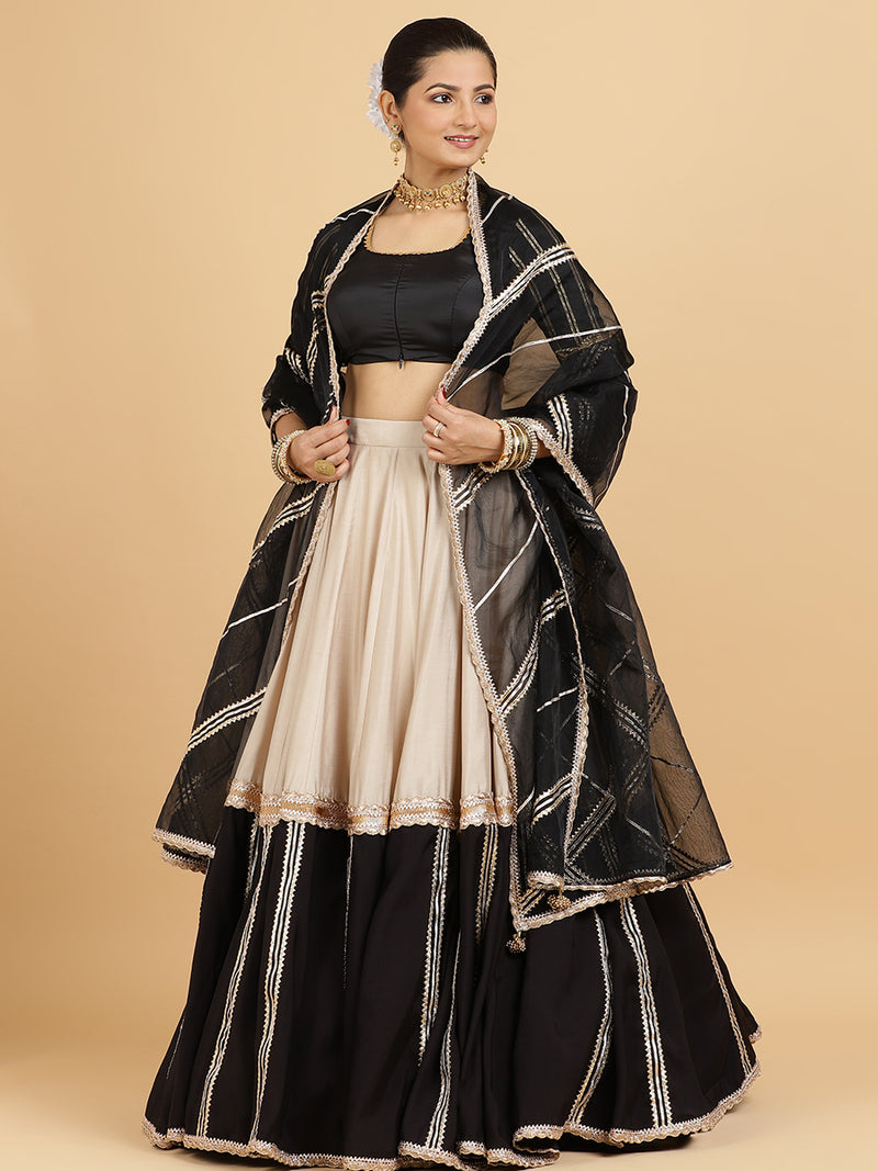 Mastani Aziza 4-Pc Lehenga Set x Tyohaar | Grey Black Colour Blocked Lehenga, Charcoal Black Blouse with Chandni Black Dupatta and Cancan Skirt-Binks