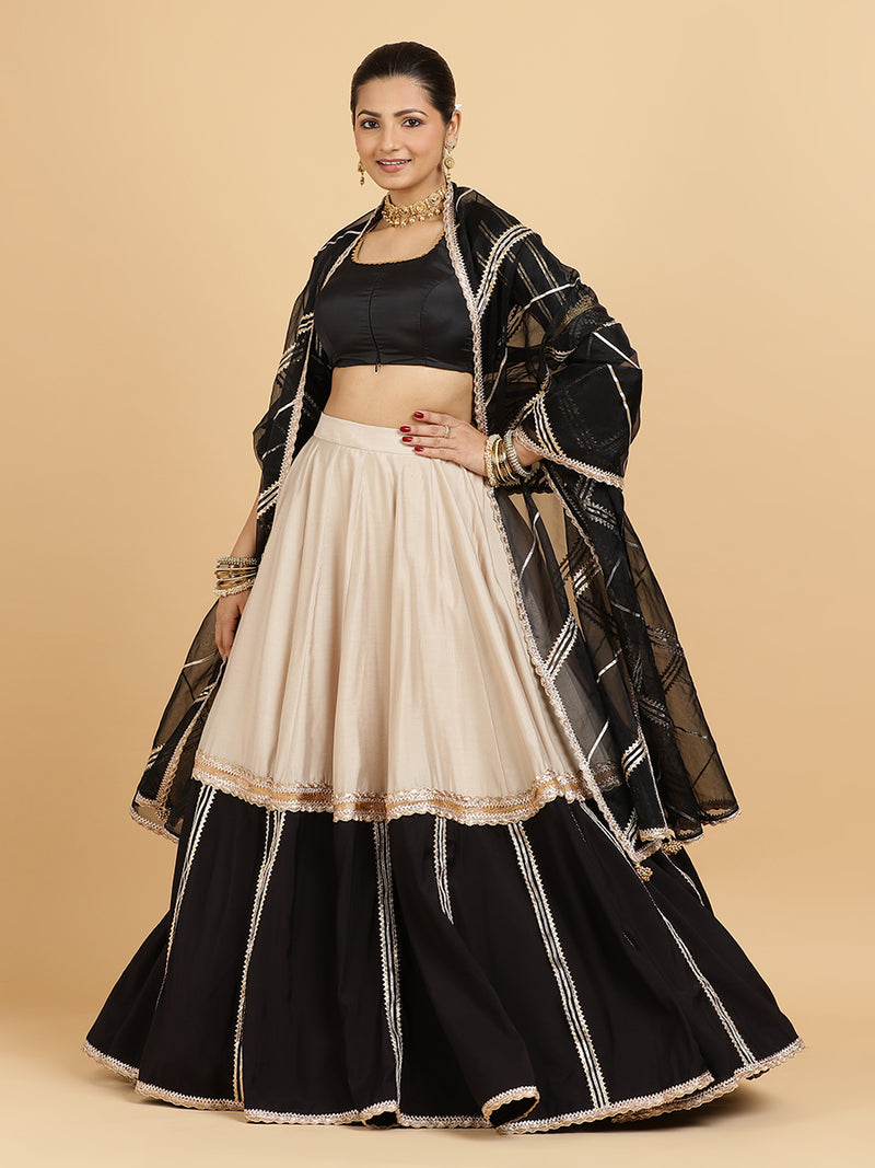 Mastani Aziza 4-Pc Lehenga Set x Tyohaar | Grey Black Colour Blocked Lehenga, Charcoal Black Blouse with Chandni Black Dupatta and Cancan Skirt-Binks