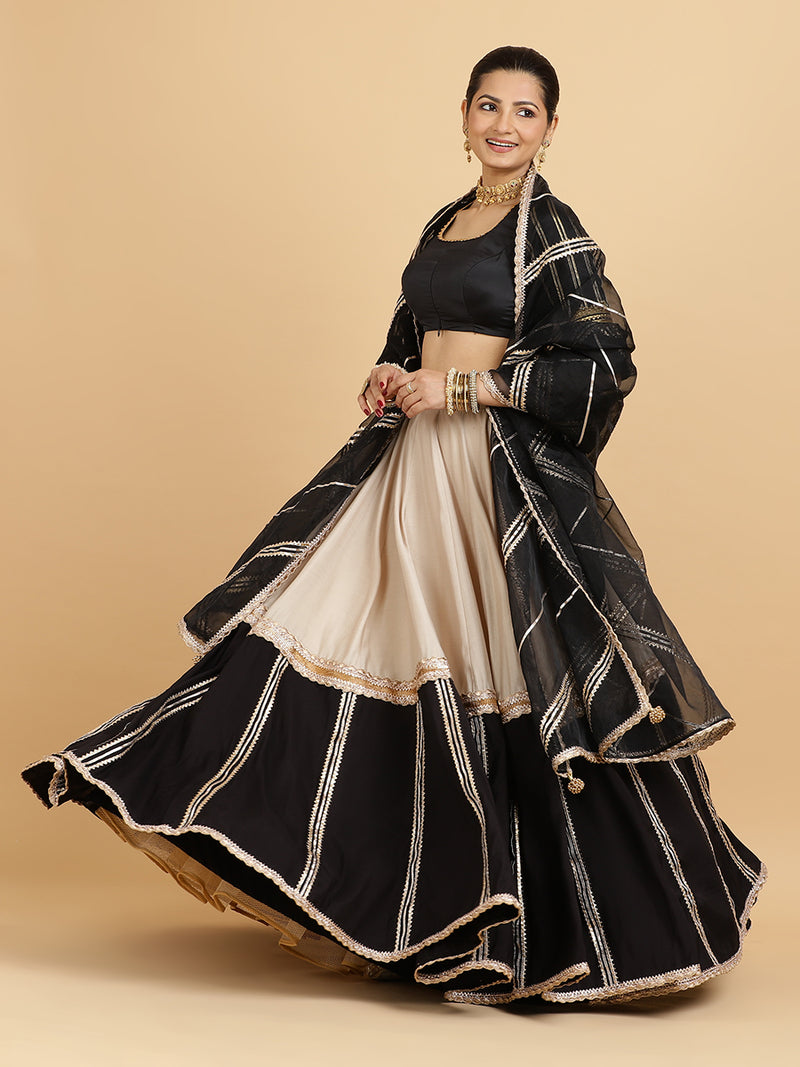 Mastani Aziza 4-Pc Lehenga Set x Tyohaar | Grey Black Colour Blocked Lehenga, Charcoal Black Blouse with Chandni Black Dupatta and Cancan Skirt-Binks