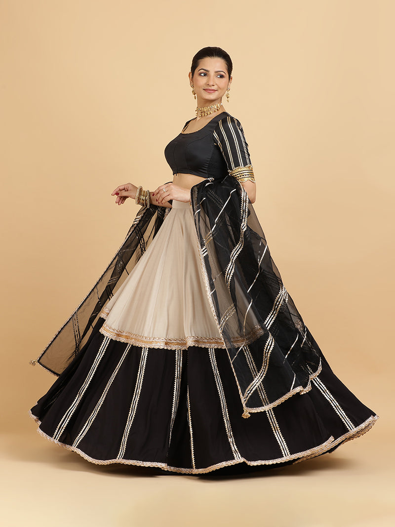 Mastani Aziza 4-Pc Lehenga Set x Tyohaar | Grey Black Colour Blocked Lehenga, Charcoal Black Blouse with Chandni Black Dupatta and Cancan Skirt-Binks