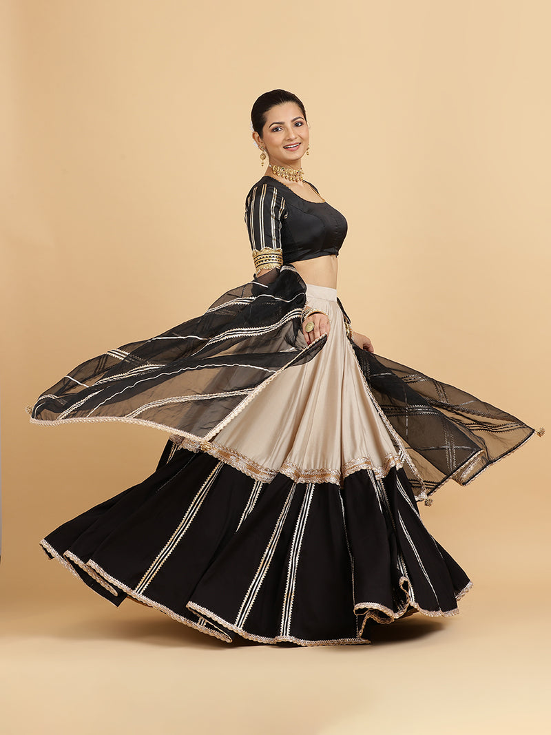 Mastani Aziza 4-Pc Lehenga Set x Tyohaar | Grey Black Colour Blocked Lehenga, Charcoal Black Blouse with Chandni Black Dupatta and Cancan Skirt-Binks
