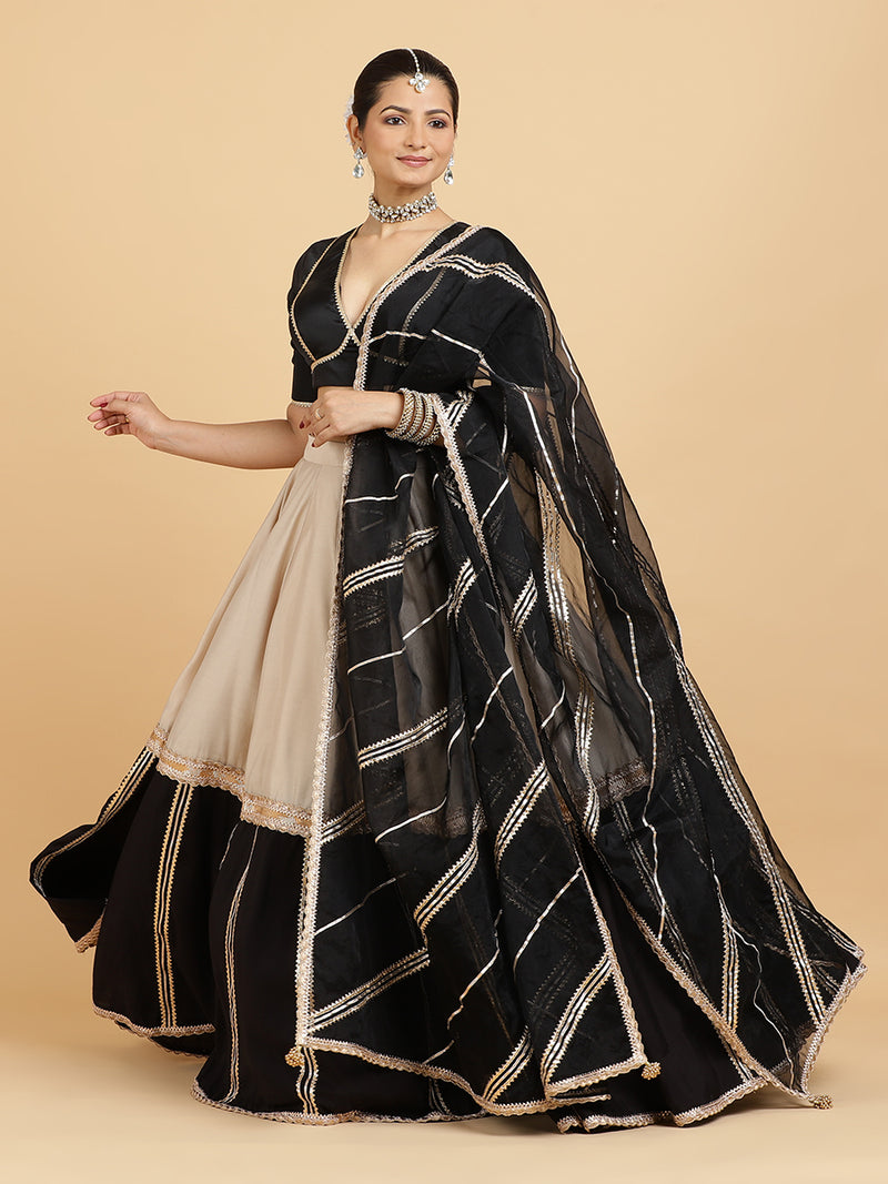 Mastani Zeenat 4-Pc Lehenga Set x Tyohaar | Grey Black Colour Blocked Lehenga, Charcoal Black Blouse with Chandni Black Dupatta and Cancan Skirt-Binks