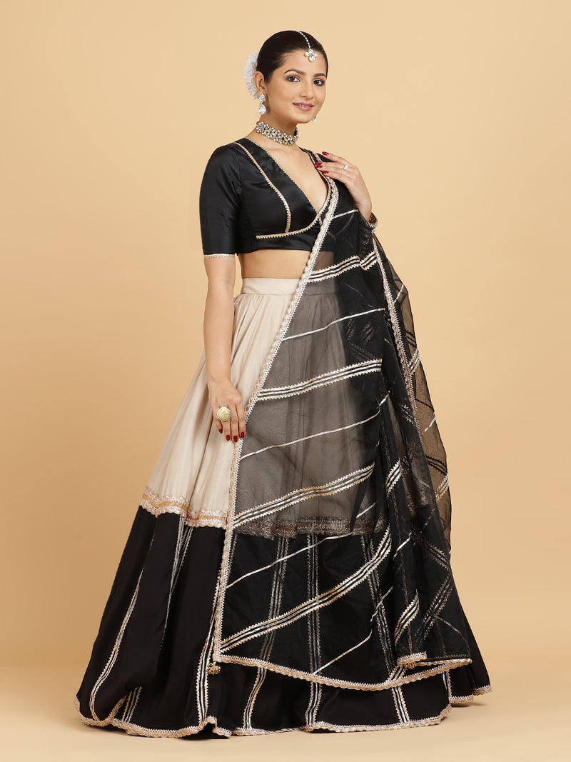Mastani Zeenat 4-Pc Lehenga Set x Tyohaar | Grey Black Colour Blocked Lehenga, Charcoal Black Blouse with Chandni Black Dupatta and Cancan Skirt-Binks