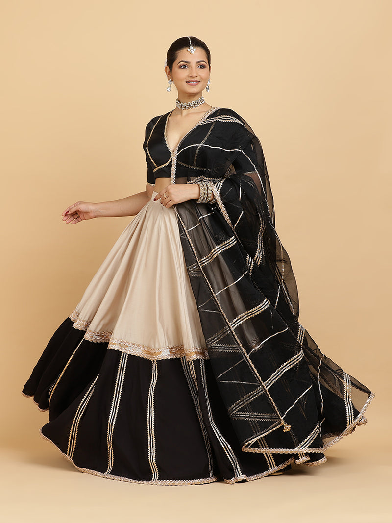 Mastani Zeenat 4-Pc Lehenga Set x Tyohaar | Grey Black Colour Blocked Lehenga, Charcoal Black Blouse with Chandni Black Dupatta and Cancan Skirt-Binks