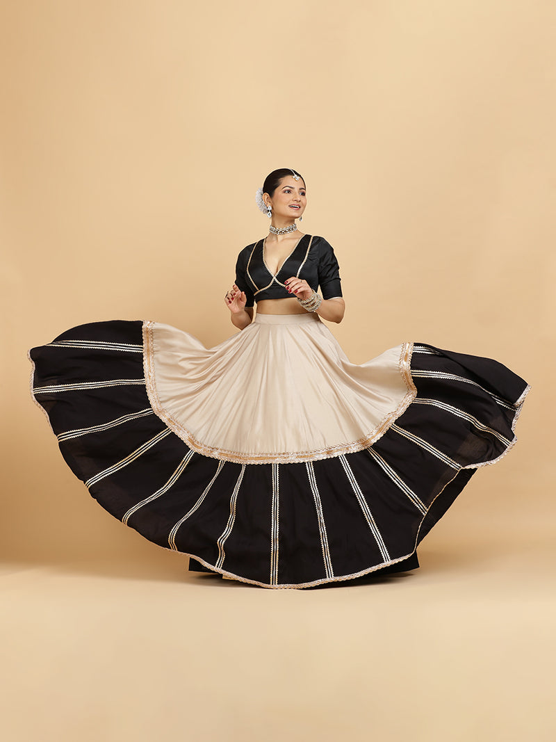 Mastani Zeenat 4-Pc Lehenga Set x Tyohaar | Grey Black Colour Blocked Lehenga, Charcoal Black Blouse with Sunheri Gold Dupatta and Cancan Skirt-Binks
