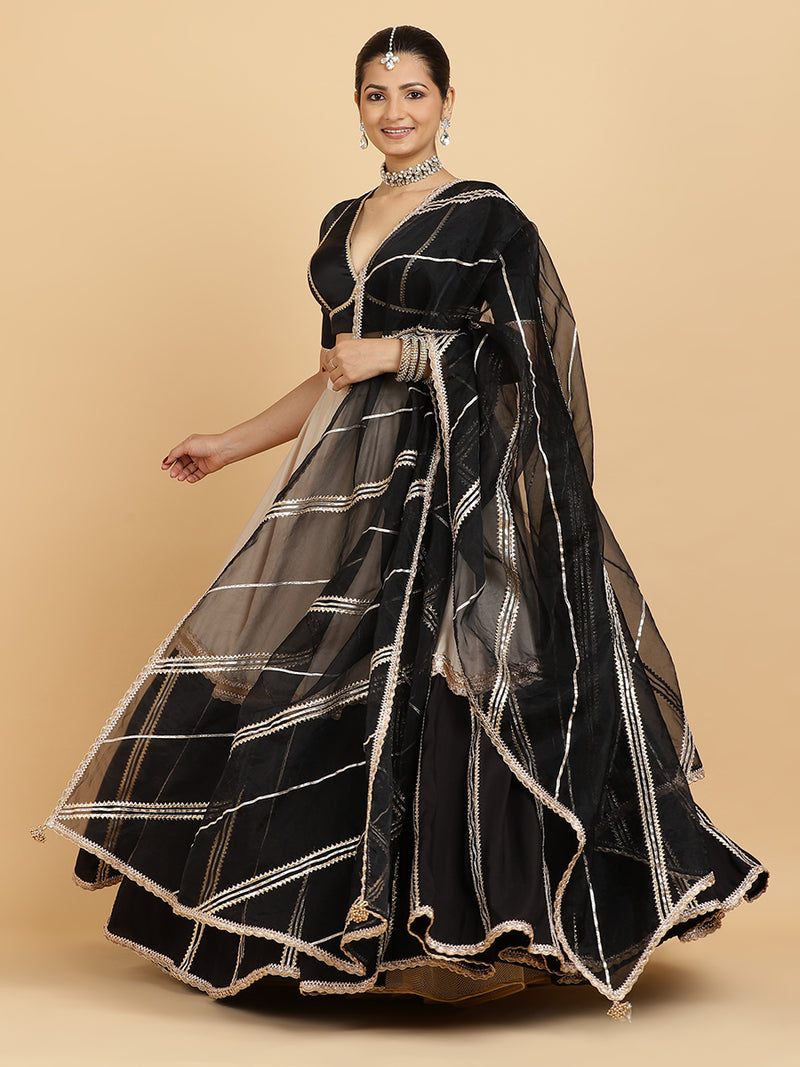 Mastani Zeenat 4-Pc Lehenga Set x Tyohaar | Grey Black Colour Blocked Lehenga, Charcoal Black Blouse with Chandni Black Dupatta and Cancan Skirt-Binks