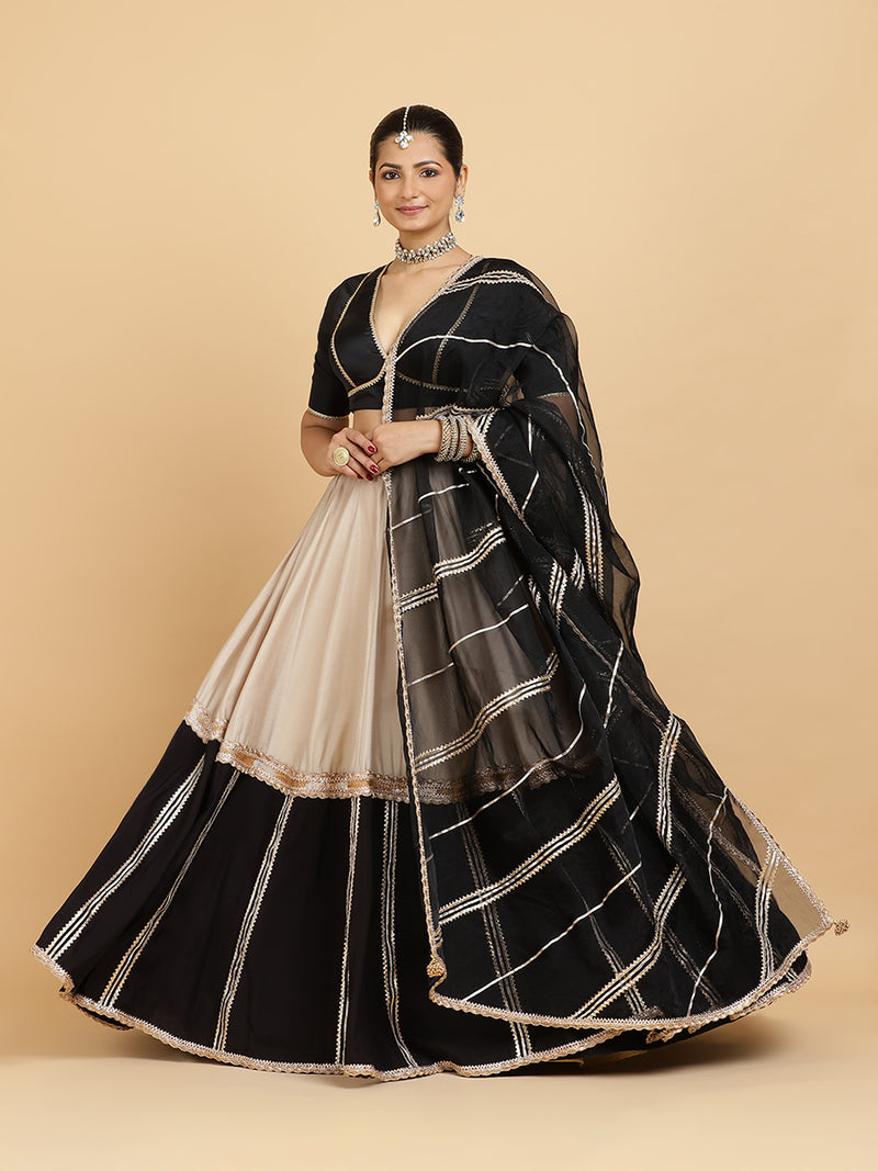 Mastani Zeenat 4-Pc Lehenga Set x Tyohaar | Grey Black Colour Blocked Lehenga, Charcoal Black Blouse with Chandni Black Dupatta and Cancan Skirt-Binks