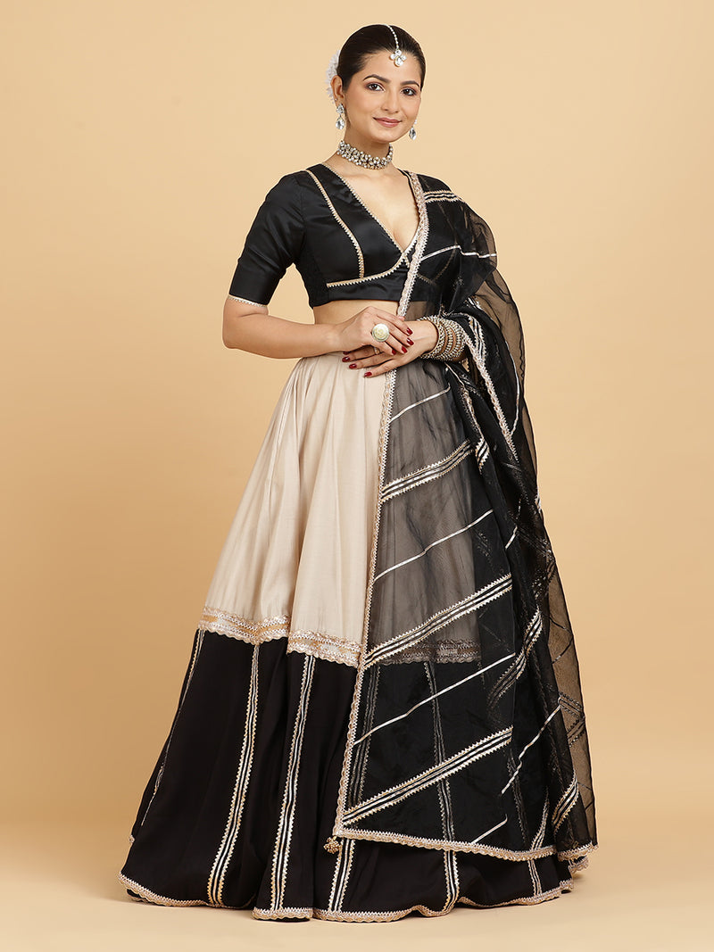 Mastani Zeenat 4-Pc Lehenga Set x Tyohaar | Grey Black Colour Blocked Lehenga, Charcoal Black Blouse with Chandni Black Dupatta and Cancan Skirt-Binks