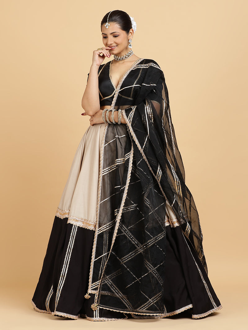 Mastani Zeenat 4-Pc Lehenga Set x Tyohaar | Grey Black Colour Blocked Lehenga, Charcoal Black Blouse with Chandni Black Dupatta and Cancan Skirt-Binks