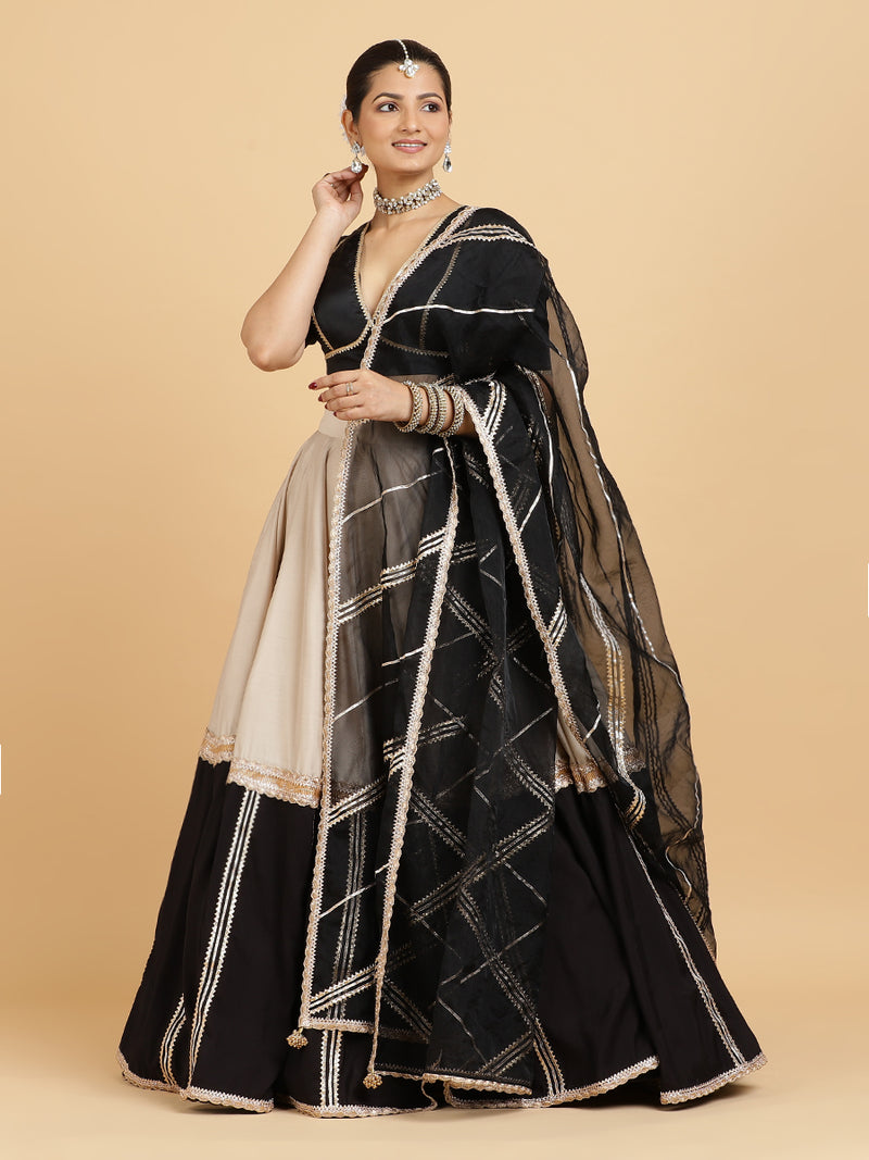 Mastani Zeenat 4-Pc Lehenga Set x Tyohaar | Grey Black Colour Blocked Lehenga, Charcoal Black Blouse with Chandni Black Dupatta and Cancan Skirt-Binks