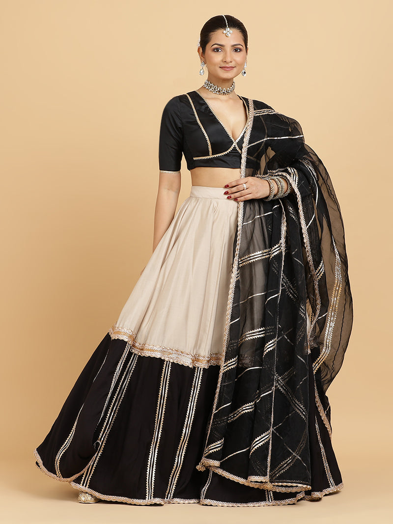 Mastani Zeenat 4-Pc Lehenga Set x Tyohaar | Grey Black Colour Blocked Lehenga, Charcoal Black Blouse with Chandni Black Dupatta and Cancan Skirt-Binks
