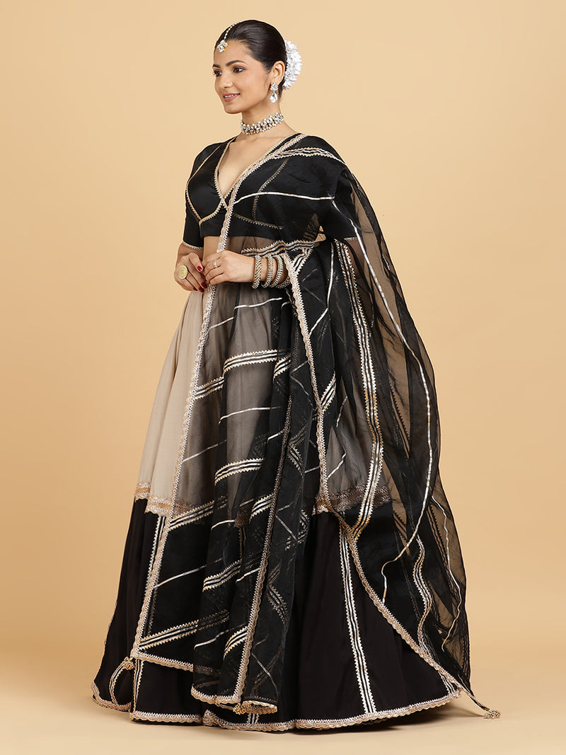 Mastani Zeenat 4-Pc Lehenga Set x Tyohaar | Grey Black Colour Blocked Lehenga, Charcoal Black Blouse with Chandni Black Dupatta and Cancan Skirt-Binks