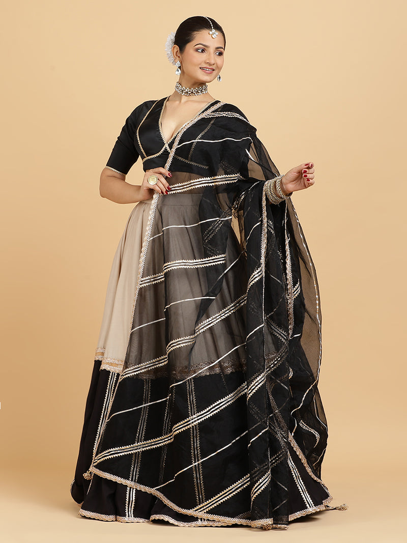 Mastani Zeenat 4-Pc Lehenga Set x Tyohaar | Grey Black Colour Blocked Lehenga, Charcoal Black Blouse with Chandni Black Dupatta and Cancan Skirt-Binks