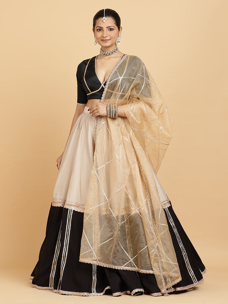 Mastani Zeenat 4-Pc Lehenga Set x Tyohaar | Grey Black Colour Blocked Lehenga, Charcoal Black Blouse with Sunheri Gold Dupatta and Cancan Skirt-Binks
