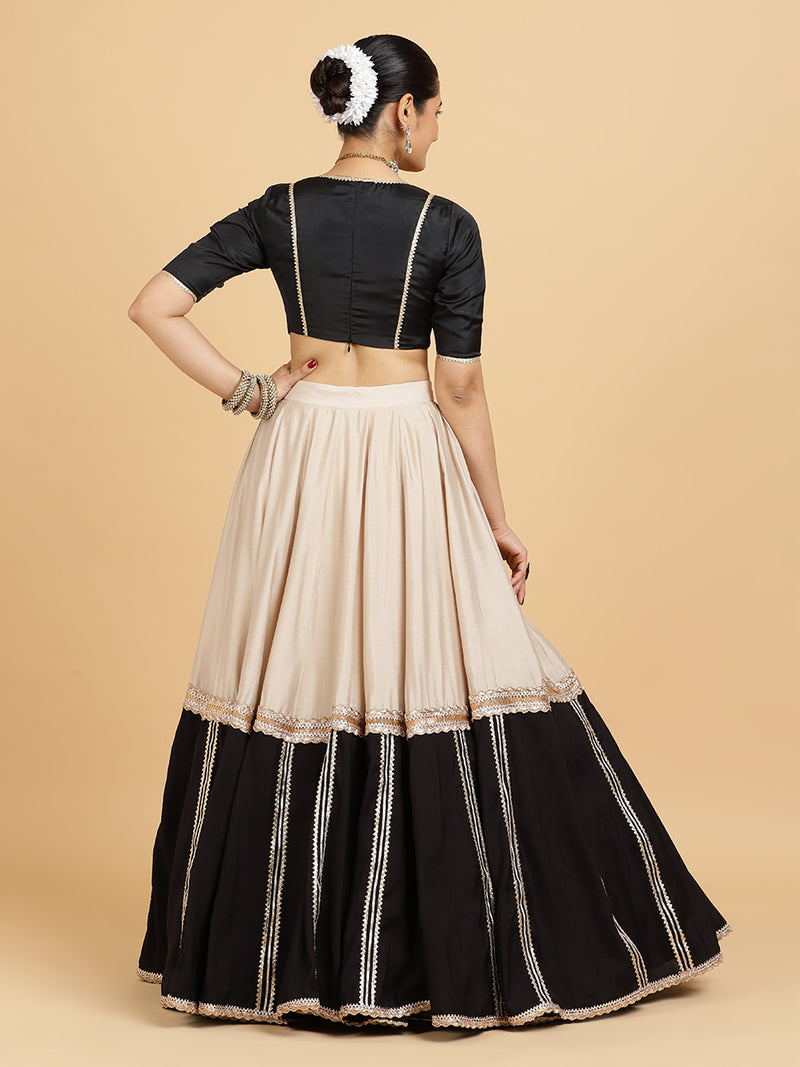 Mastani Zeenat 4-Pc Lehenga Set x Tyohaar | Grey Black Colour Blocked Lehenga, Charcoal Black Blouse with Sunheri Gold Dupatta and Cancan Skirt-Binks