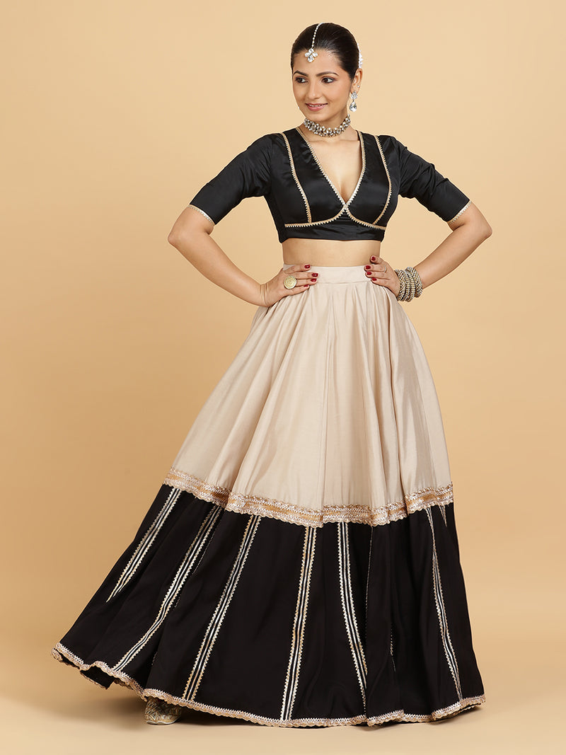 Mastani Zeenat 4-Pc Lehenga Set x Tyohaar | Grey Black Colour Blocked Lehenga, Charcoal Black Blouse with Sunheri Gold Dupatta and Cancan Skirt-Binks