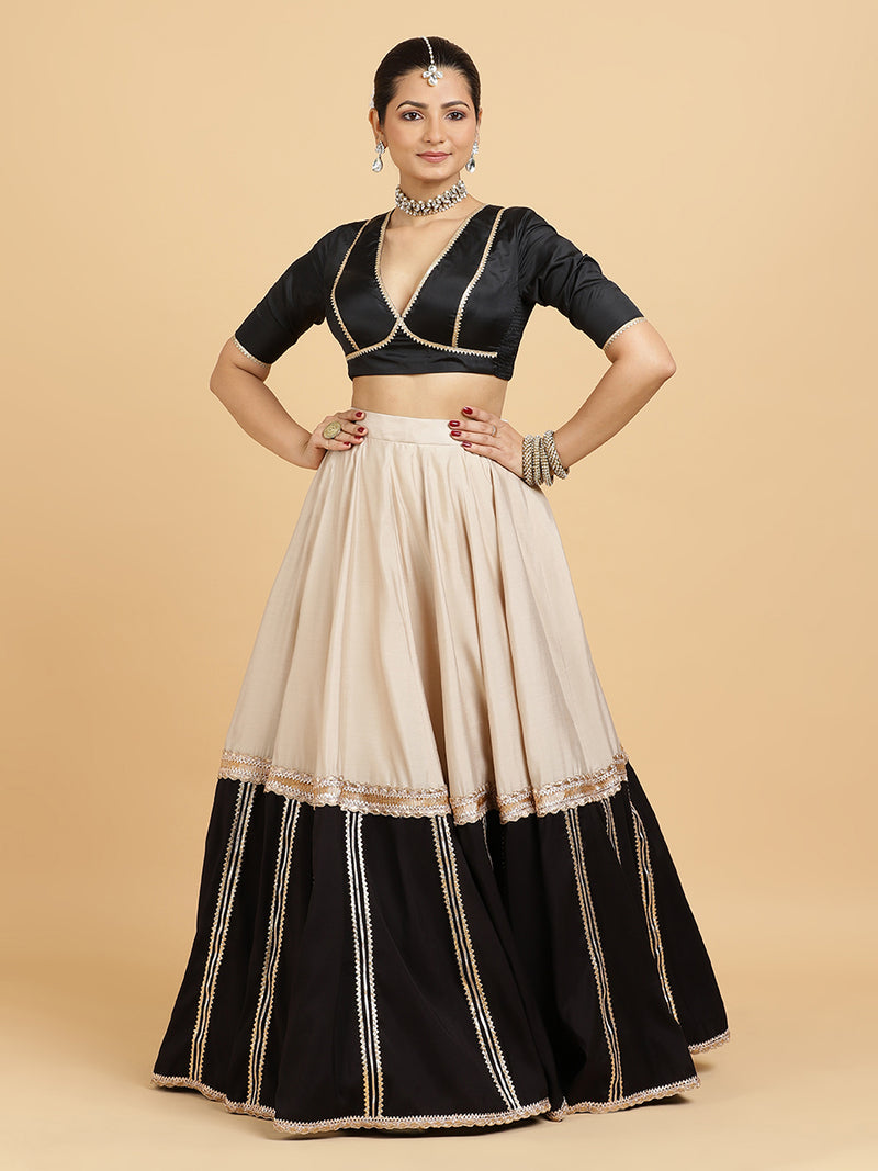 Mastani Zeenat 4-Pc Lehenga Set x Tyohaar | Grey Black Colour Blocked Lehenga, Charcoal Black Blouse with Sunheri Gold Dupatta and Cancan Skirt-Binks
