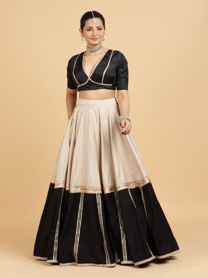 Mastani Zeenat 4-Pc Lehenga Set x Tyohaar | Grey Black Colour Blocked Lehenga, Charcoal Black Blouse with Sunheri Gold Dupatta and Cancan Skirt-Binks