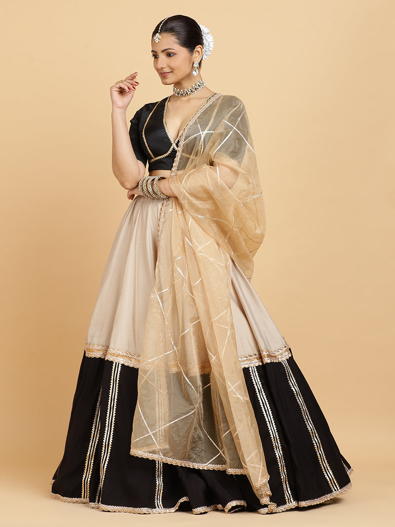 Mastani Zeenat 4-Pc Lehenga Set x Tyohaar | Grey Black Colour Blocked Lehenga, Charcoal Black Blouse with Sunheri Gold Dupatta and Cancan Skirt-Binks