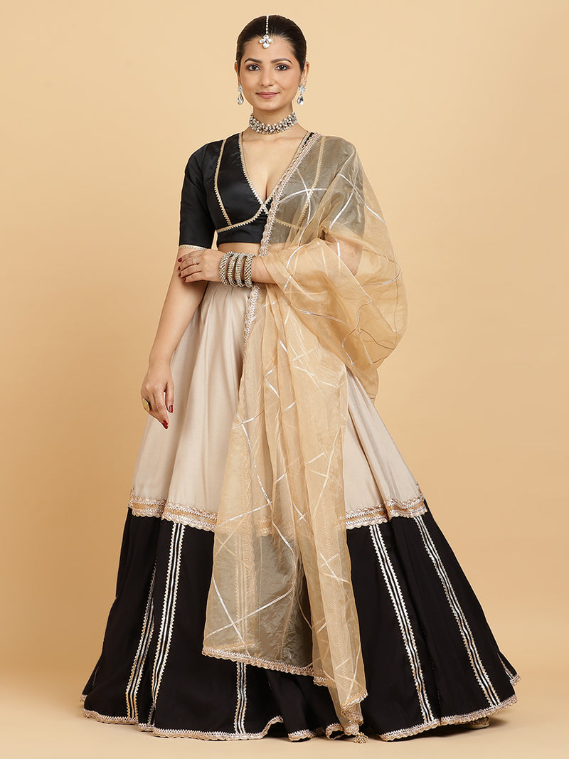Mastani Zeenat 4-Pc Lehenga Set x Tyohaar | Grey Black Colour Blocked Lehenga, Charcoal Black Blouse with Sunheri Gold Dupatta and Cancan Skirt-Binks