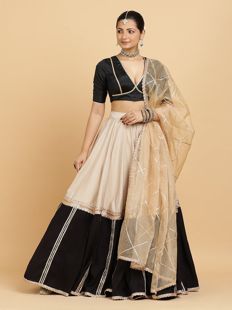 Mastani Zeenat 4-Pc Lehenga Set x Tyohaar | Grey Black Colour Blocked Lehenga, Charcoal Black Blouse with Sunheri Gold Dupatta and Cancan Skirt-Binks