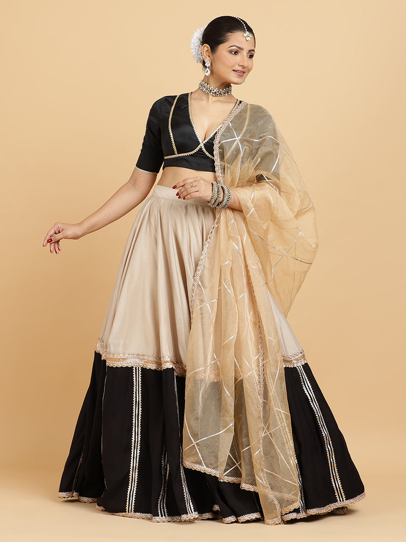 Mastani Zeenat 4-Pc Lehenga Set x Tyohaar | Grey Black Colour Blocked Lehenga, Charcoal Black Blouse with Sunheri Gold Dupatta and Cancan Skirt-Binks