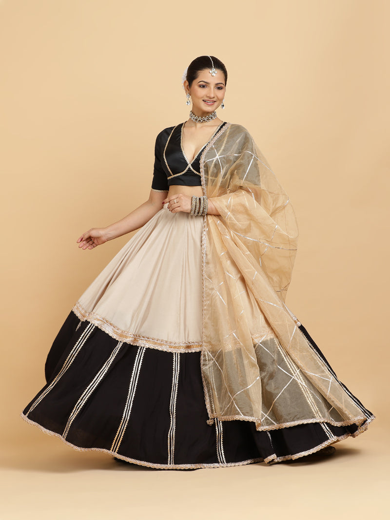 Mastani Zeenat 4-Pc Lehenga Set x Tyohaar | Grey Black Colour Blocked Lehenga, Charcoal Black Blouse with Sunheri Gold Dupatta and Cancan Skirt-Binks