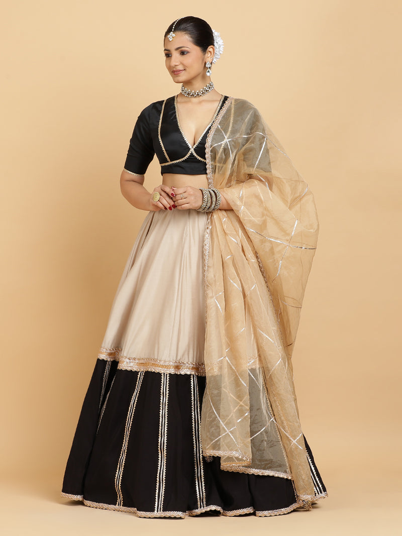 Mastani Zeenat 4-Pc Lehenga Set x Tyohaar | Grey Black Colour Blocked Lehenga, Charcoal Black Blouse with Sunheri Gold Dupatta and Cancan Skirt-Binks