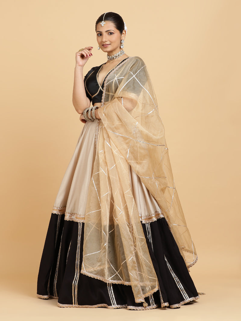 Mastani Zeenat 4-Pc Lehenga Set x Tyohaar | Grey Black Colour Blocked Lehenga, Charcoal Black Blouse with Sunheri Gold Dupatta and Cancan Skirt-Binks