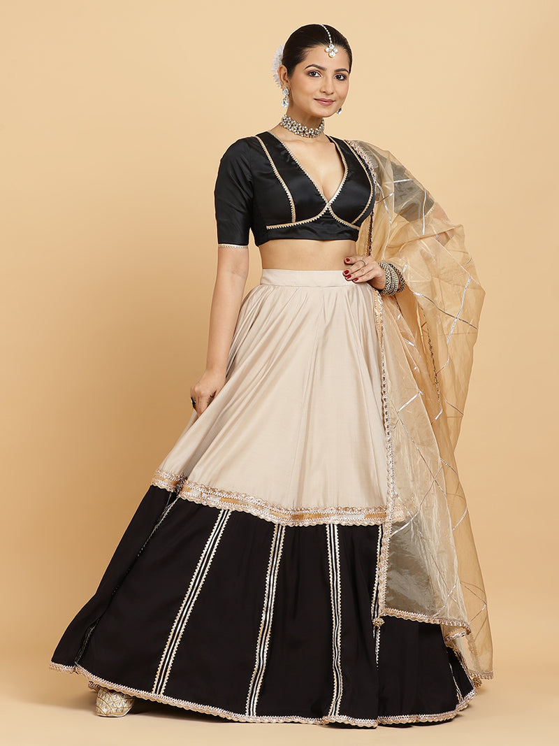 Mastani Zeenat 4-Pc Lehenga Set x Tyohaar | Grey Black Colour Blocked Lehenga, Charcoal Black Blouse with Sunheri Gold Dupatta and Cancan Skirt-Binks
