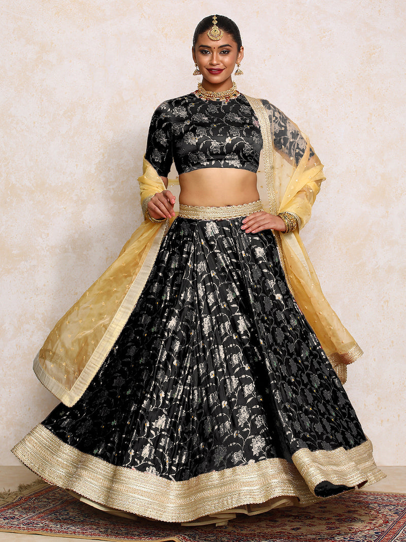 Meenakshi x Tyohaar | Black Meenkari Satin Viscose FlareFit™ Lehenga Set with Dupatta-Binks