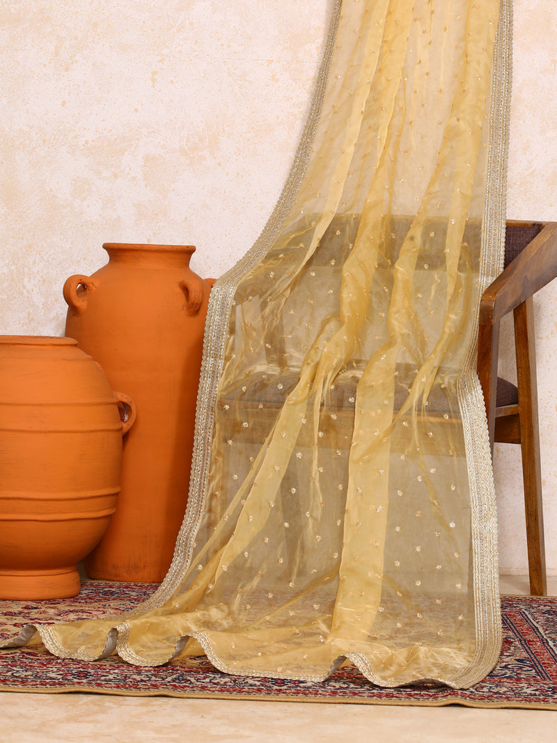 Saniya x Tyohaar | Cream Satin Viscose Butta FlareFit™ Lehenga Set with Dupatta-Binks