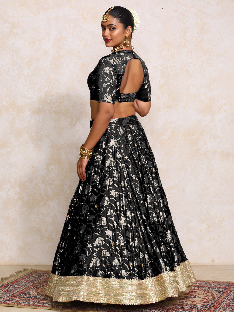 Meenakshi x Tyohaar Lehenga Set, in Black Meenakari Satin Viscose, featuring elbow sleeves and jewel neckline (view 2).
