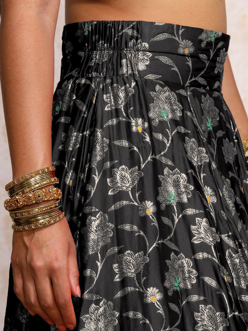 Meenakshi x Tyohaar | Black Meenkari Satin Viscose FlareFit™ Lehenga Set with Dupatta-Binks