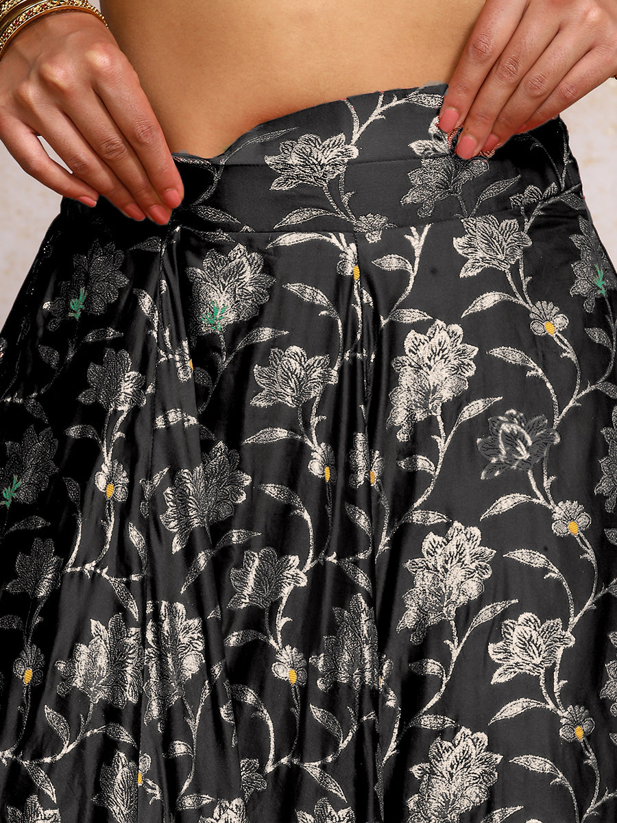 Meenakshi x Tyohaar Lehenga Set, in Black Meenakari Satin Viscose, featuring elbow sleeves and jewel neckline (view 5).