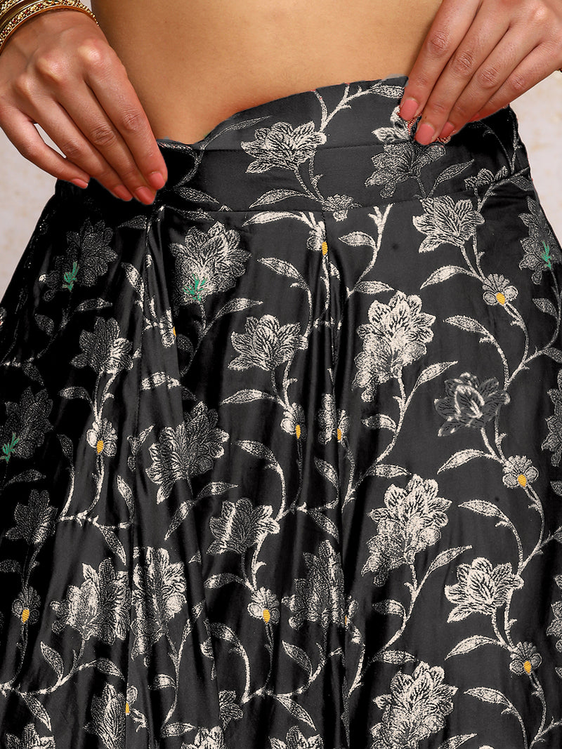 Meenakshi x Tyohaar | Black Meenkari Satin Viscose FlareFit™ Lehenga Set with Dupatta-Binks