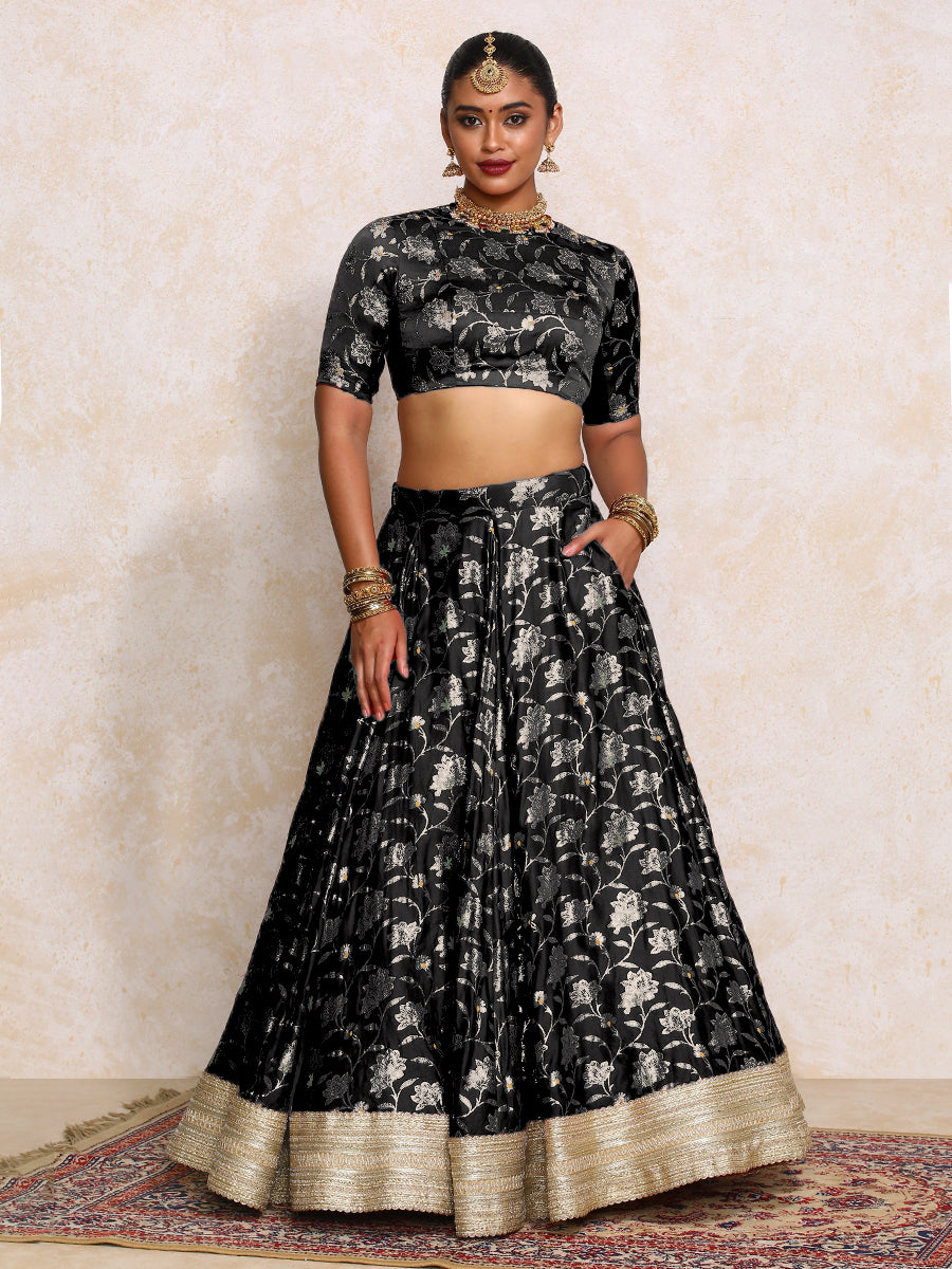 Meenakshi x Tyohaar Lehenga Set, in Black Meenakari Satin Viscose, featuring elbow sleeves and jewel neckline (view 8).