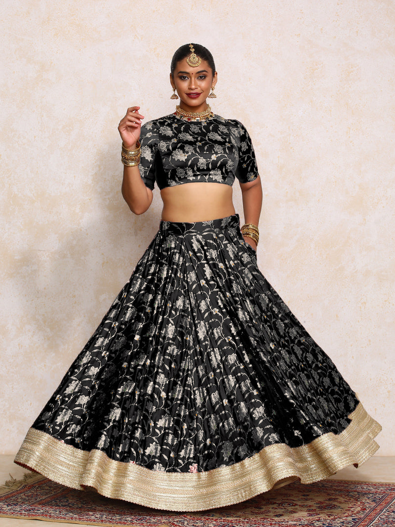 Meenakshi x Tyohaar | Black Meenkari Satin Viscose FlareFit™ Lehenga Set with Dupatta-Binks