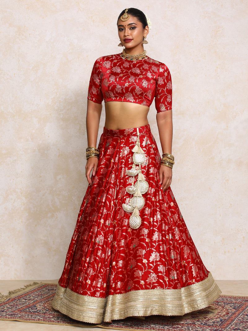 Meenakshi x Tyohaar | Red Meenkari Satin Viscose FlareFit™ Lehenga Set-Binks