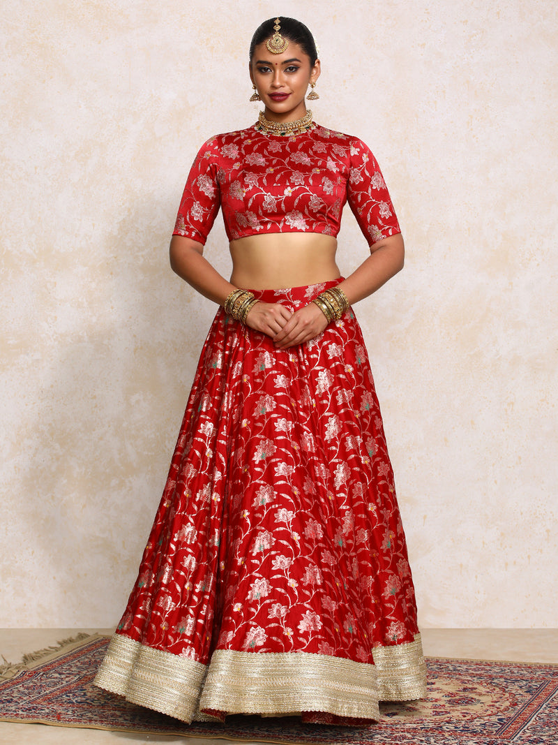 Meenakshi x Tyohaar | Red Meenkari Satin Viscose FlareFit™ Lehenga Set-Binks